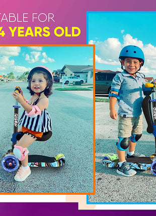 3-Wheeled Scooter for Kids - Wheel LED Lights, Adjustable Lean-To-Steer Handlebar, and Foldable Seat - Sit or Stand Ride with Brake for Boys and Girls Ages 1-14 Years Old