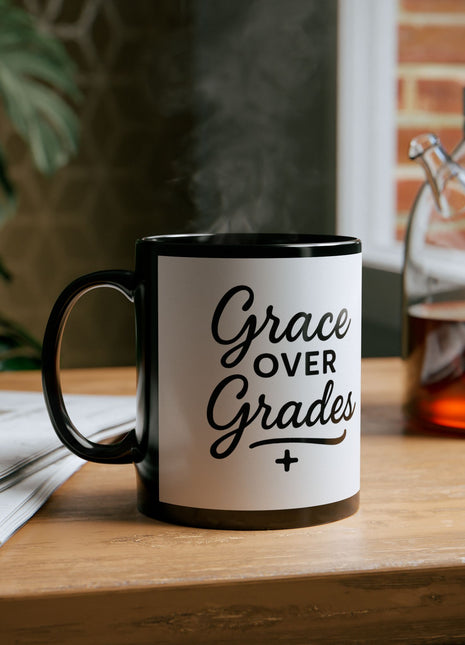 Grace Over Grades Black Coffee Mug for All Occasions, Gift for Him or Her, Funny Mug, Customizable Cup, Unique Birthday Present