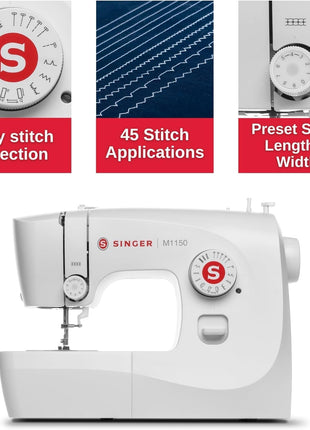 M1150 Portable Sewing Machine White – Accessories Included | 16 Stitches, Top Drop-In Bobbin, 4-Step Buttonhole, Free Arm, LED Light | Ideal Sewing Machine for Home Projects