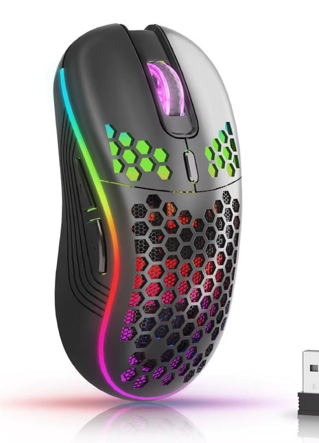 2.4G Wireless Mouse with RGB Backlit 6-Button 3-Speed DPI Type C Rechargeable Ergonomic Honeycomb Design Gaming Mouse