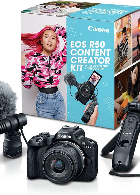EOS R50 Content Creator Kit, Hybrid Mirrorless Camera with Rf-S18-45Mm F4.5-6.3 IS STM Lens, Tripod Grip, Microphone, Wireless Remote Control, 24.2 MP CMOS (APS-C) Sensor, Vlogging Camera, Black