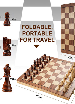 Magnetic Chess Board Set for Adults & Kids, 15" Wooden Folding Chess Boards, Handcrafted Portable Travel Chess Game with Pieces Storage Slots