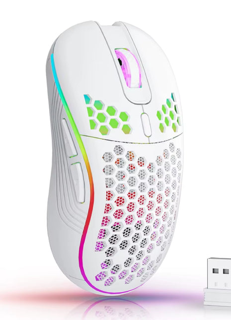 2.4G Wireless Mouse with RGB Backlit 6-Button 3-Speed DPI Type C Rechargeable Ergonomic Honeycomb Design Gaming Mouse