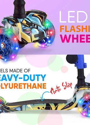 3-Wheeled Scooter for Kids - Wheel LED Lights, Adjustable Lean-To-Steer Handlebar, and Foldable Seat - Sit or Stand Ride with Brake for Boys and Girls Ages 1-14 Years Old