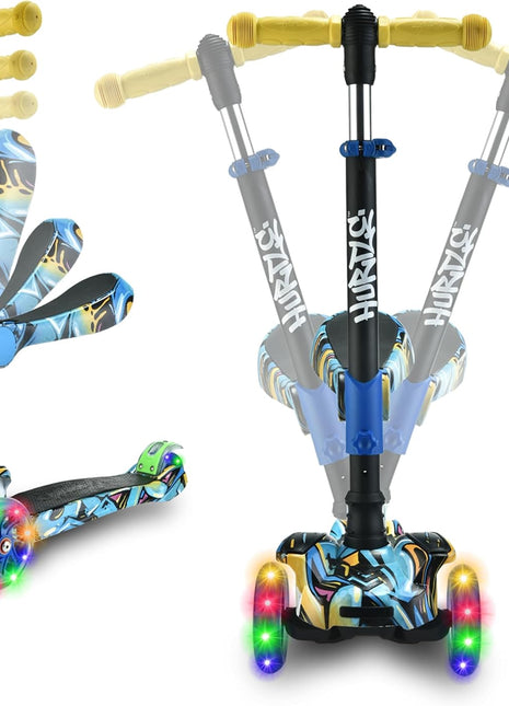 3-Wheeled Scooter for Kids - Wheel LED Lights, Adjustable Lean-To-Steer Handlebar, and Foldable Seat - Sit or Stand Ride with Brake for Boys and Girls Ages 1-14 Years Old