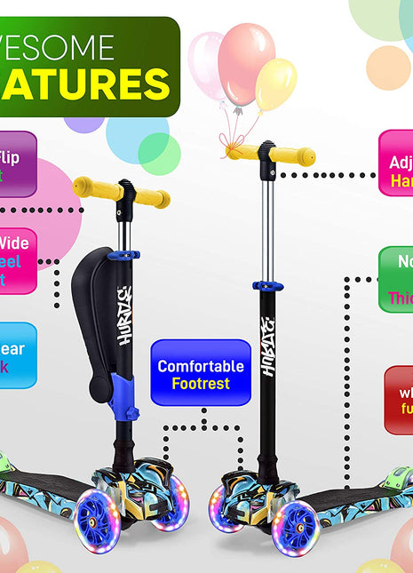 3-Wheeled Scooter for Kids - Wheel LED Lights, Adjustable Lean-To-Steer Handlebar, and Foldable Seat - Sit or Stand Ride with Brake for Boys and Girls Ages 1-14 Years Old