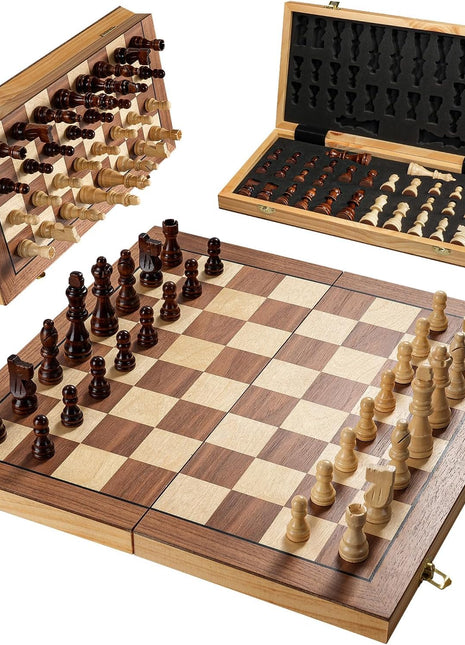 Magnetic Chess Board Set for Adults & Kids, 15" Wooden Folding Chess Boards, Handcrafted Portable Travel Chess Game with Pieces Storage Slots